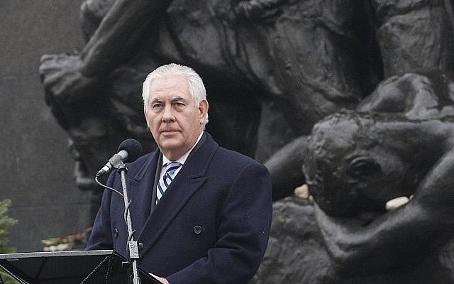 US Secretary of State Rex Tillerson speaks during a ceremony at the Warsaw Ghetto Uprising 1943 memorial, marking International Holocaust Remembrance Day, in Warsaw, Poland, Saturday, Jan. 27, 2018. (AP Photo/Czarek Sokolowski)