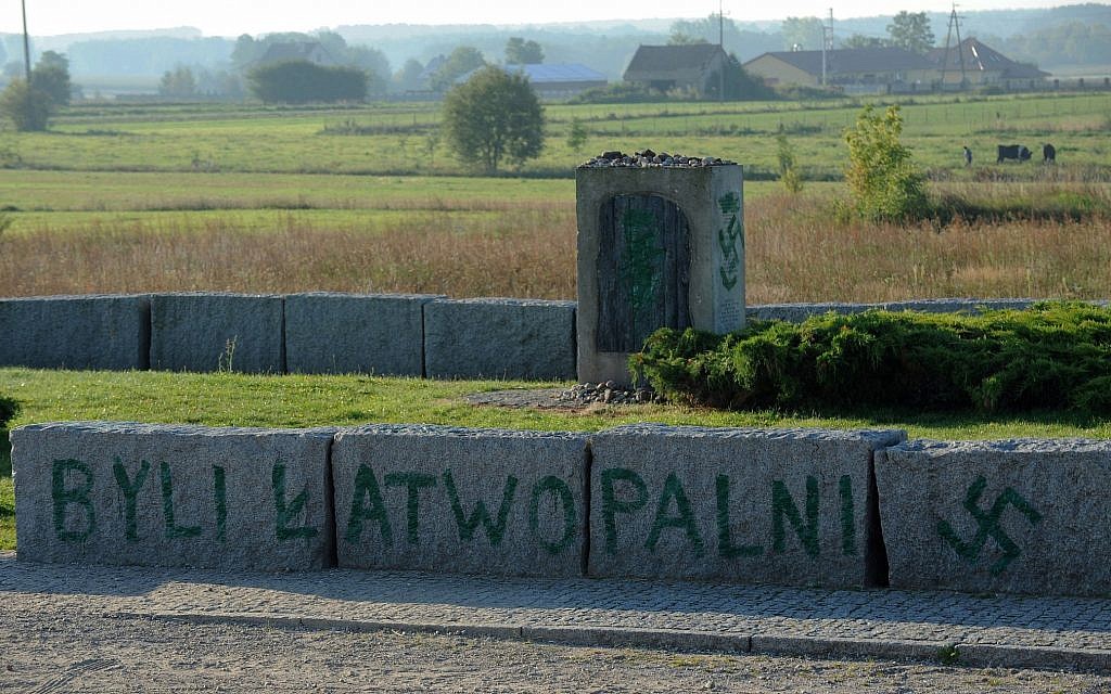 An inscription reading 'They were Flammable' and a Nazi swastika are seen in Jedwabne, Poland, September 1, 2011, on the monument dedicated to Jews from the town of Jedwabne burned to death by their Polish neighbors in 1941. (AP/Michal Kosc/File)