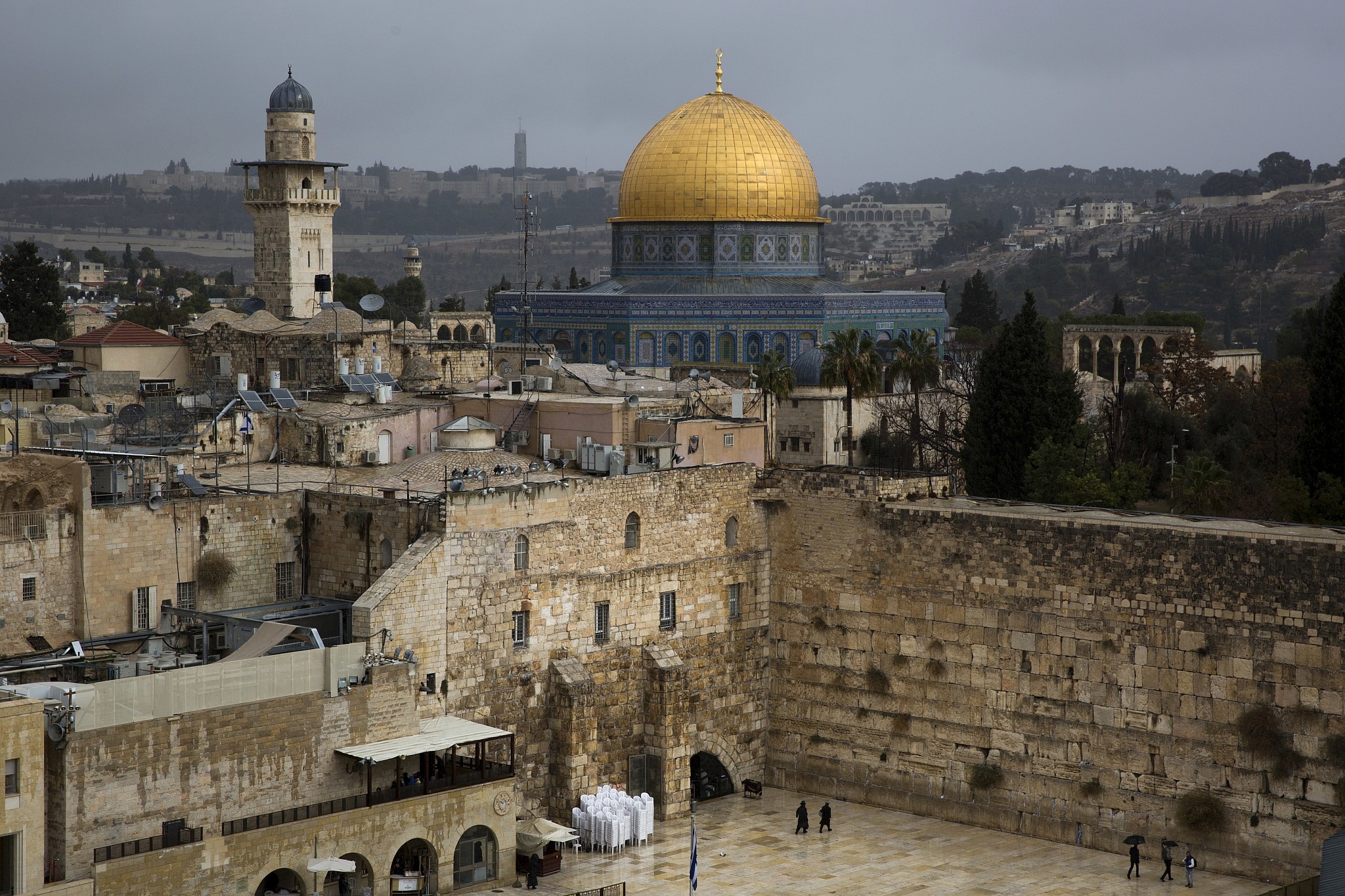 A view of the Western Wall and the Dome of the Rock, some of the holiest sites for for Jews and Muslims, is seen in Jerusalem’s Old City, December 6, 2017 (AP Photo/Oded Balilty)