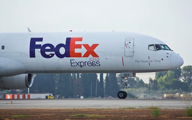 Illustrative: An Air FedEx Express plane seen at the Ben Gurion airport in Tel Aviv, on September 3, 2014. (Moshe Shai/Flash90)