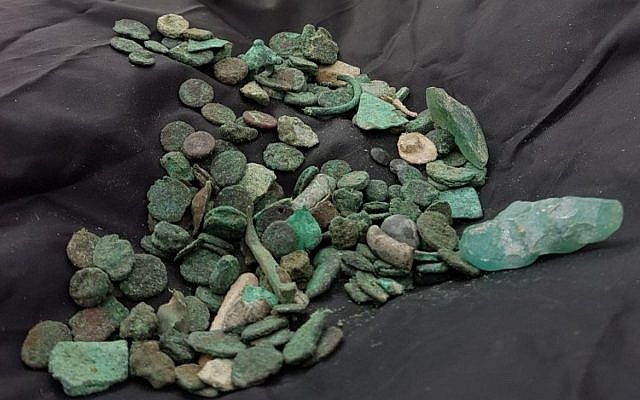 A trove of some 150 1,500-year-old coins discovered with an antiquities robber in Ramat Hanegev. (Guy Fitoussi, Israel Antiquities Authority)