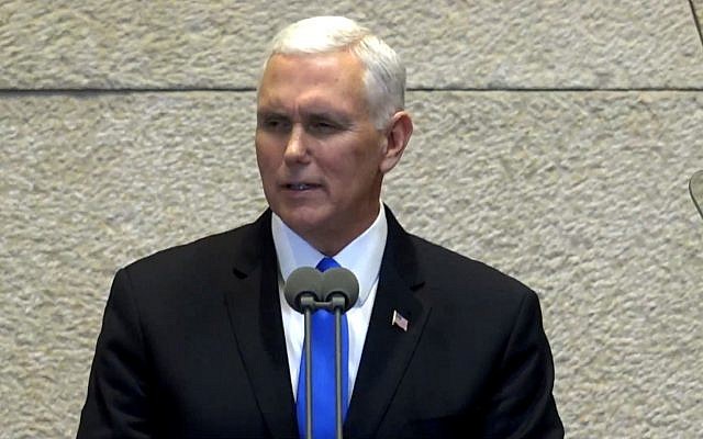 US Vice President Mike Pence addresses the Knesset, January 22, 2018 (screen capture: YouTube)