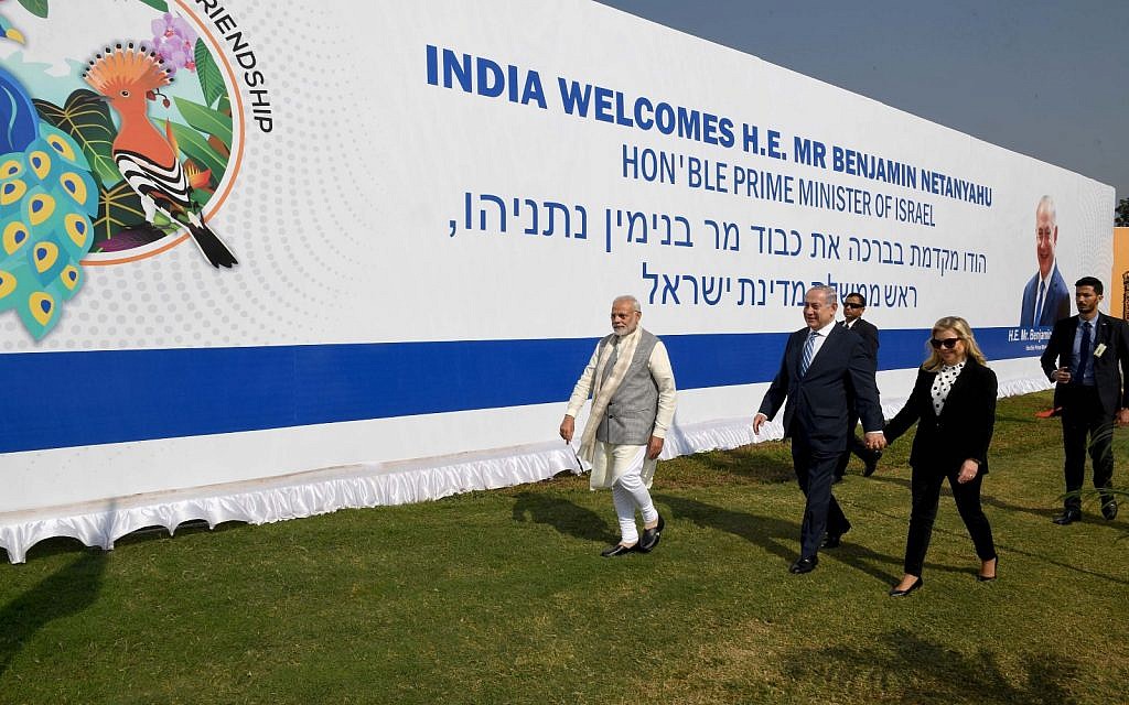 Prime Minister Benjamin Netanyahu and Indian Prime Minister Narendra Modi in India on January 17, 2018 (Joshua Davidovich/Times of Israel staff)