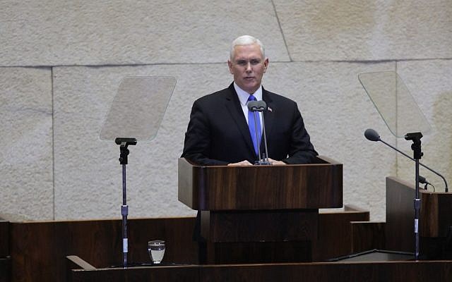 US Vice President Mike Pence addressing the Knesset on January 22, 2018. (Knesset spokesperson)