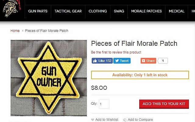 A yellow star patch with the words 'Gun Owner' for sale on gun enthusiast site Tacticalshit.com (screenshot)