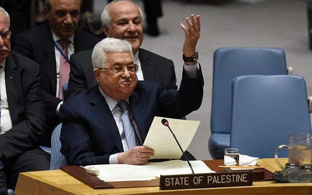 Palestinian Authority President Mahmoud Abbas speaks at the United Nations Security Council on February 20, 2018. (AFP Photo/Timothy A. Clary)