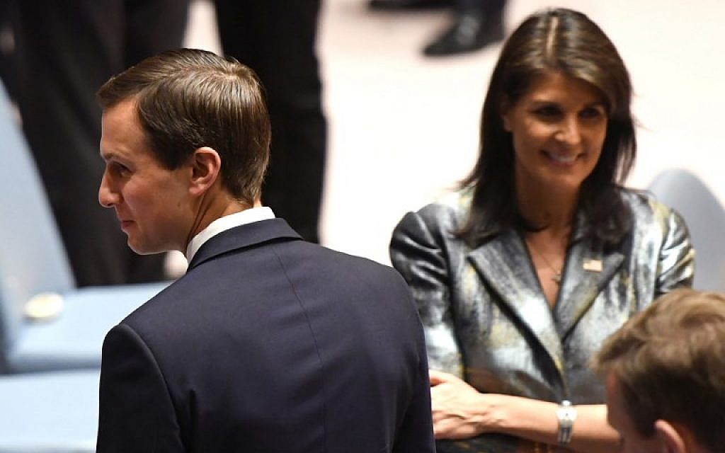 US Ambassador to the United Nations Nikki Haley and US President Donald Trump's senior adviser Jared Kushner are seen before Palestinian Authority President Mahmoud Abbas' address to the United Nations Security Council on February 20, 2018. (AFP Photo/Timothy A. Clary)