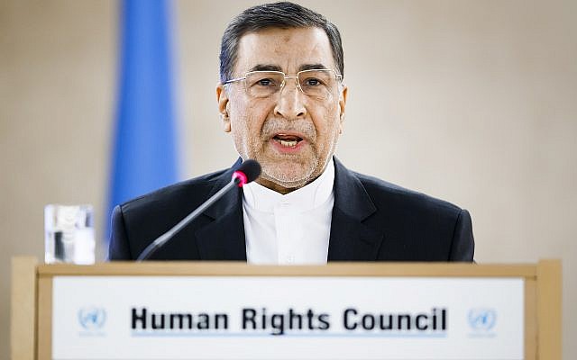 Seyyed Alireza Avaei, Minister of Justice of the Islamic Republic of Iran, delivers a speech during the High-Level Segment and second day of the 37th session of the Human Rights Council, at the United Nations in Geneva, Switzerland, February 27, 2018. (Valentin Flauraud/Keystone via AP)