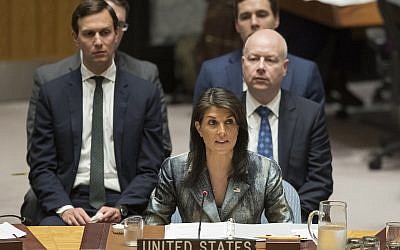 Nikki Haley speaks during a Security Council meeting on the situation in Palestine, Tuesday, February 20, 2018 at United Nations headquarters, with negotiators Jared Kushner, left, and Jason Greenblatt, right, behind her. (AP/Mary Altaffer)