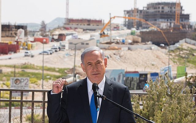 Illustrative: Prime Minister Benjamin Netanyahu gives a statement to the press during a visit in Har Homa, in East Jerusalem on March 16, 2015. (Yonatan Sindel/Flash90)