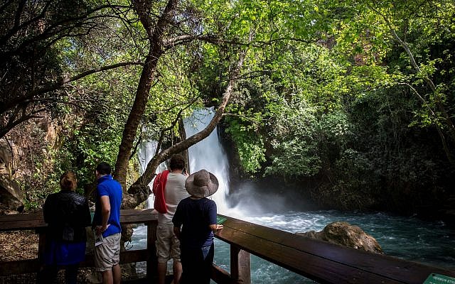 Illustrative: Visitors at the Banias Nature Reserve in northern Israel on April 3, 2016. (Miriam Alster/Flash90)