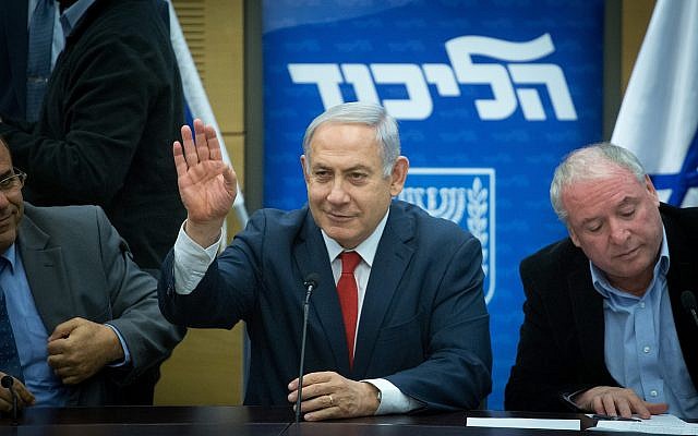 Prime Minister Benjamin Netanyahu leads a Likud party faction meeting in the Knesset on February 12, 2018 (Miriam Alster/Flash90)