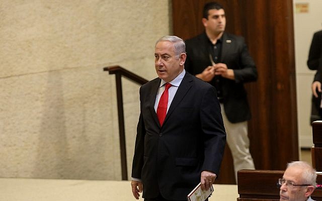 Prime Minister Benjamin Netanyahu in the Knesset on February 13, 2018. (Yonatan Sindel/Flash90)