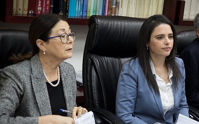Justice Minister Ayelet Shaked (r) and Supreme Court President Esther Hayut on February 22, 2018. (Hadas Parush/Flash 90)