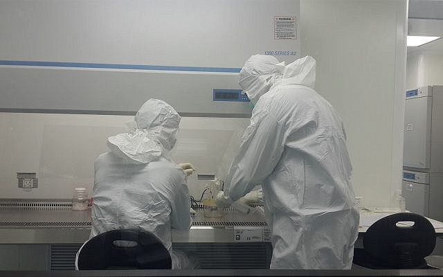 Scientists work in a sterile environment preparing regrown bone for Bonus BioGroup. (Sivan Geffen/Times of Israel)