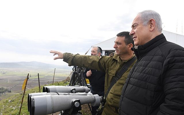 Prime Minister Benjamin Netanyahu leads a security cabinet tour of the IDF's installations on the Golan Heights, February 6, 2018. (Kobi Gideon/GPO/File)