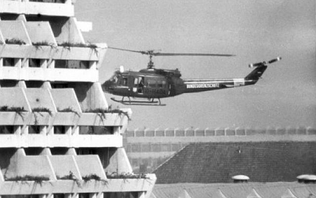 A West German border police helicopter about to land at the Olympic Village in Munich, after terrorists held Israelis hostage inside the village, on September 5, 1972. (AP Photo/File)