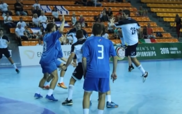 Israel's national youth handball team (blue) competes in the 2016 European championships. (Screen capture/YouTube)
