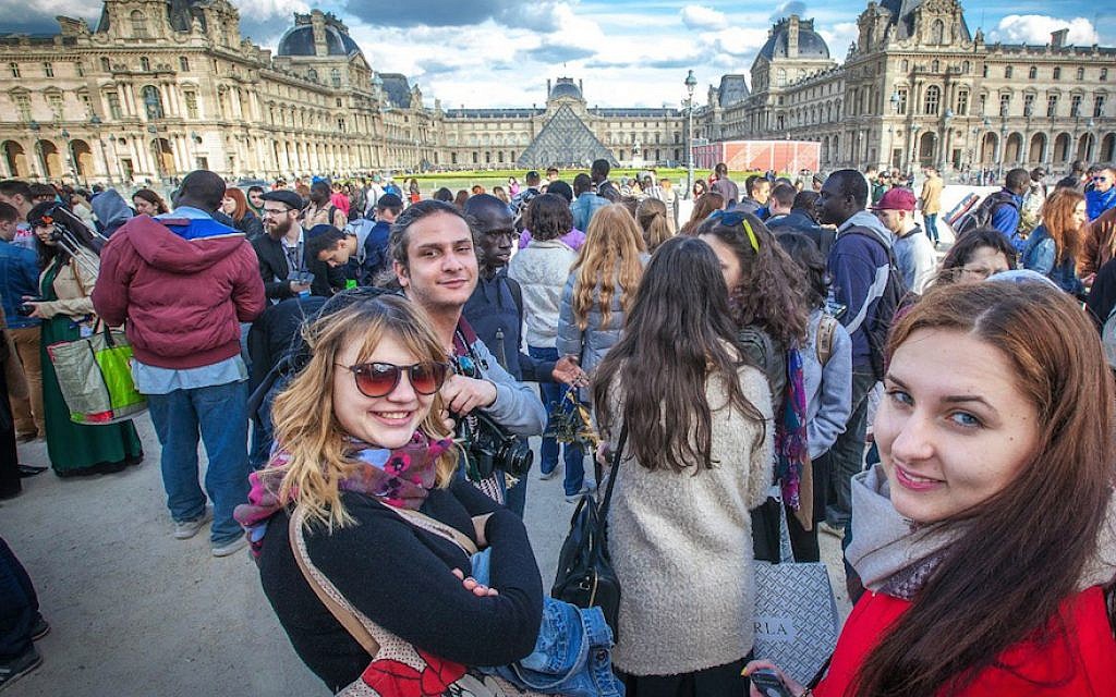 Participants in the Eurostars trip to France in 2015 at the Louvre Museum in Paris. (Courtesy of Yachad/via JTA)