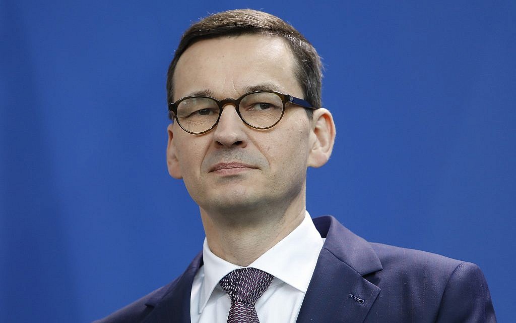 Prime Minister Mateusz Morawiecki of Poland at a joint news conference with Germany's chancellor in Berlin, February 16, 2018. (Michele Tantussi/Getty Images/via JTA)