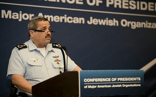 Police Commissioner Roni Alsheich addresses the Conference of Presidents of Major Jewish Organizations annual mission in Jerusalem on February 20, 2018. (Avi Hayoun / Conference of Presidents)