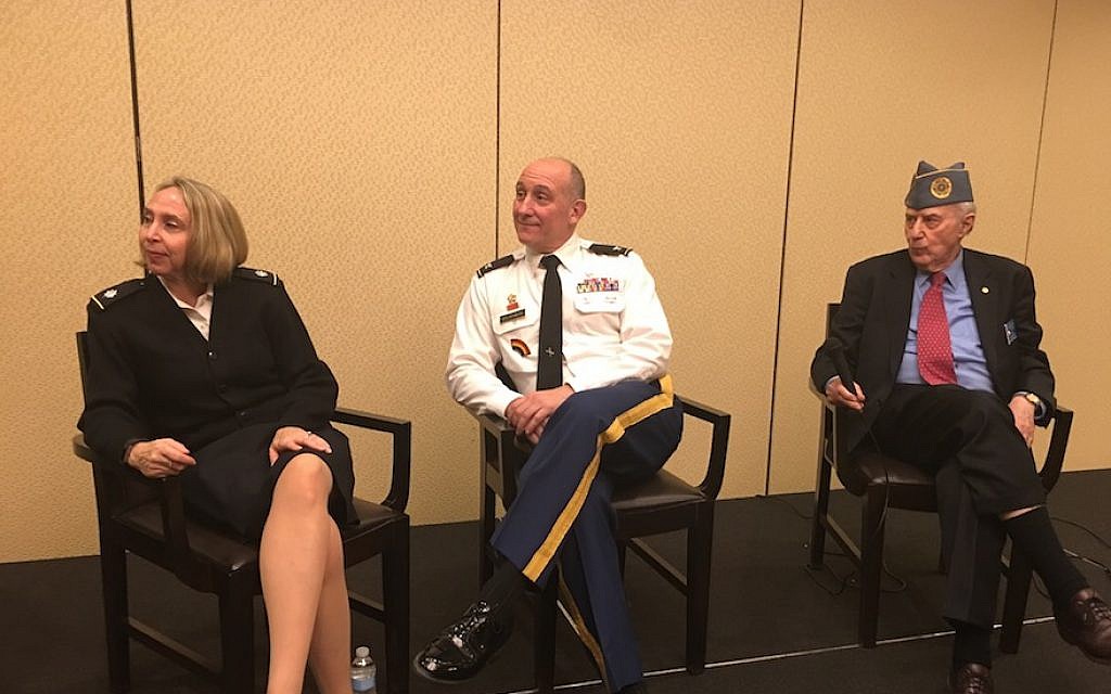 From left to right: Army Lt. Col Naomi Mercer, New York National Guard Col. Rich Goldenberg and retired Army Col. Herb Rosenbleeth, the executive director of Jewish War Veterans of the USA, at the JWV Shabbaton, February 10, 2018. (Ron Kampeas)
