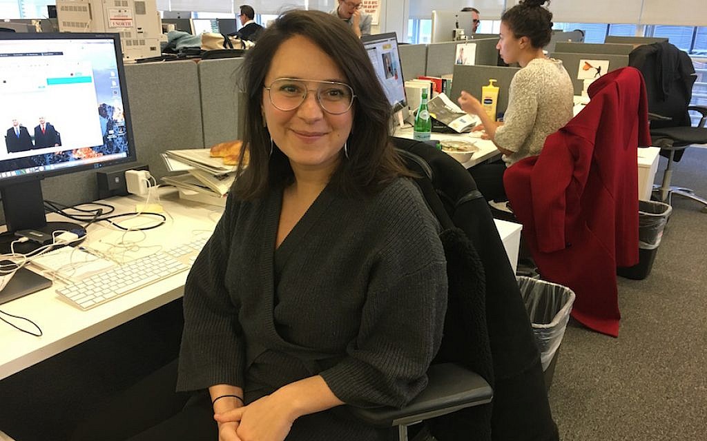 Illustrative: Bari Weiss at her desk in The New York Times office in Midtown Manhattan, in 2018. (Josefin Dolsten)