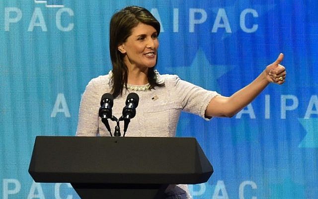 US Ambassador to the United Nations Nikki Haley speaks at the American Israel Public Affairs Committee (AIPAC) policy conference in Washington, DC, on March 5, 2018. (AFP PHOTO / Nicholas Kamm)