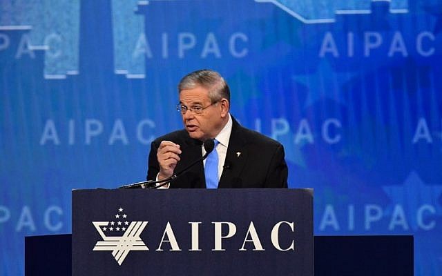 New Jersey Senator Robert Menendez speaks at the American Israel Public Affairs Committee (AIPAC) policy conference in Washington, DC, on March 6, 2018. (AFP PHOTO / Nicholas Kamm)