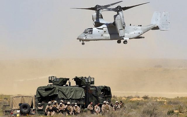 A US V-22 Osprey takes part in a training exercise during the joint Israeli-US military Juniper Cobra air defense drill at the Tzeelim urban warfare training center in southern Israel on March 12, 2018. (Jack Guez/AFP)