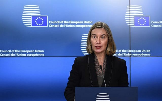 High Representative of the European Union for Foreign Affairs and Security Policy Federica Mogherini addresses a press conference during a Foreign Ministers meeting at EU headquarters in Brussels on March 19, 2018.  (AFP PHOTO / JOHN THYS)