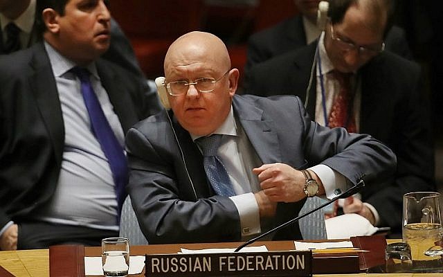 Russian Ambassador to the United Nations Vassily Nebenzia addresses the assembly during a UN Security Council meeting on the situation in Syria at the United Nations on March 12, 2018 in New York City. (Spencer Platt/Getty Images/AFP)