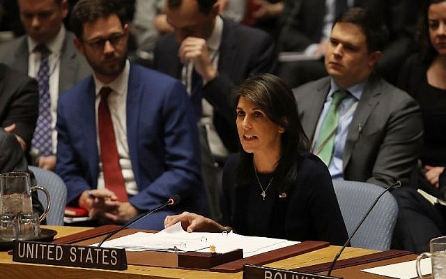 US Ambassador to the United Nations Nikki Haley speaks at the Security Council on March 14, 2018, at UN headquarters in New York City. (Spencer Platt/Getty Images/AFP)