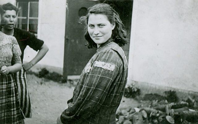 Genia Dvorkin, wearing her prison garb from the labor camps in Estonia and Germany. (Yad Vashem Artifacts Collection)