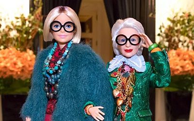 A Barbie doll in the image of Iris Apfel, right. (Courtesy of Mattel Inc. via JTA)