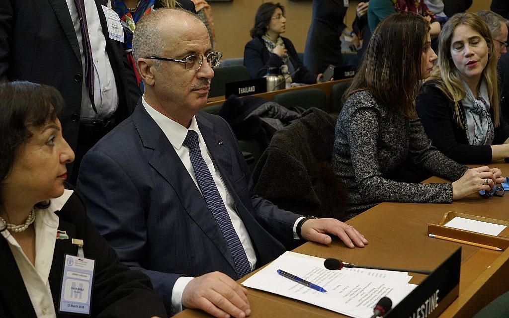 Palestinian Authority Prime Minister Rami Hamdallah attends a United Nations Relief and Works Agency for Palestine Refugees in the Near East, UNRWA, conference, in Rome, March 15, 2018. (AP Photo/Andrew Medichini)