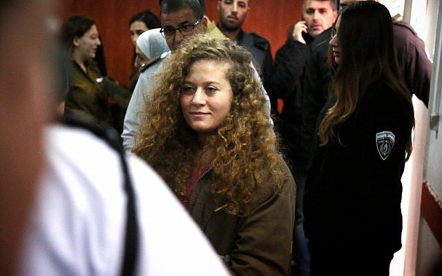 Ahed Tamimi arrives for the beginning of her trial in the Israeli military court at Ofer military prison in the West Bank village of Betunia on February 13, 2018. (Flash90)