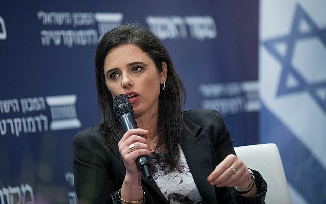 Justice Minister Ayelet Shaked speaks at a conference hosted by the Makor Rishon newspaper and the Israel Democracy Institute in Jerusalem, March 11, 2018. (Yonatan Sindel/Flash90)