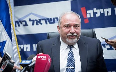 Defense Minister Avigdor Liberman leads a faction meeting of his Yisrael Beytenu party in the Knesset, March 12, 2018. (Miriam Alster/Flash90)
