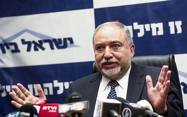 Defense Minister Avigdor Liberman leads a faction meeting of his Yisrael Beytenu party at the Knesset on March 12, 2018. (Miriam Alster/Flash90)