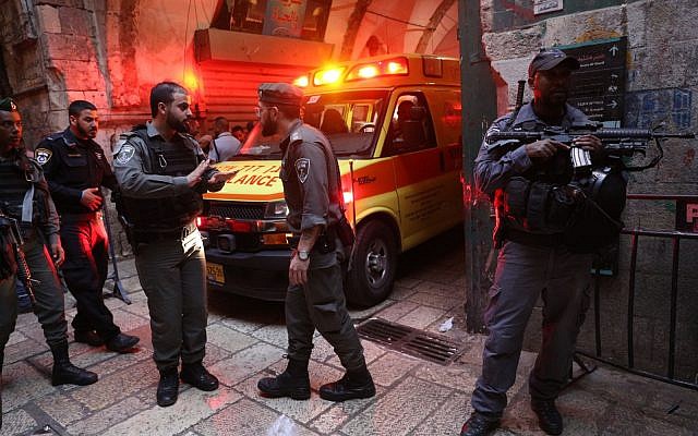 Illustrative: Security personnel at the scene where a security guard was attacked and seriously injured in a terror attack in the Old City of Jerusalem, March 18, 2018. (Yonatan Sindel/Flash90)
