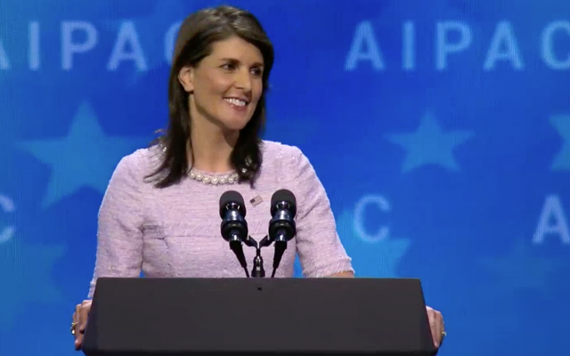 US Ambassador to the United Nations Nikki Haley speaks at the American Israel Public Affairs Committee (AIPAC) policy conference in Washington, DC, on March 5, 2018. (AIPAC screenshot)