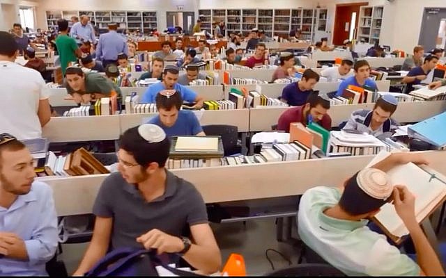 Students at the Bnei David pre-army academy learn in the study hall. (Screen capture/YouTube)