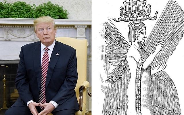 US President Donald Trump in the White House, February 9, 2018, and an illustration of Cyrus the Great. (Getty images/Wikimedia Commons via JTA)