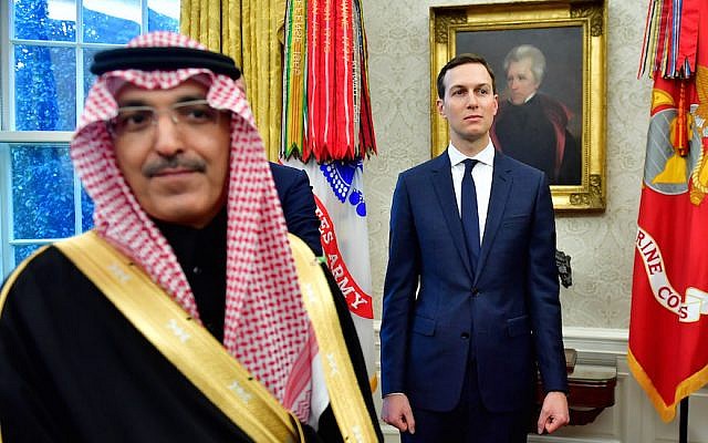 Jared Kushner alongside a member of the Saudi delegation at a White House meeting between President Donald Trump and Crown Prince Mohammed bin Salman of Saudi Arabia, March 20, 2018. (Kevin Dietsch/Pool/Getty Images via JTA)