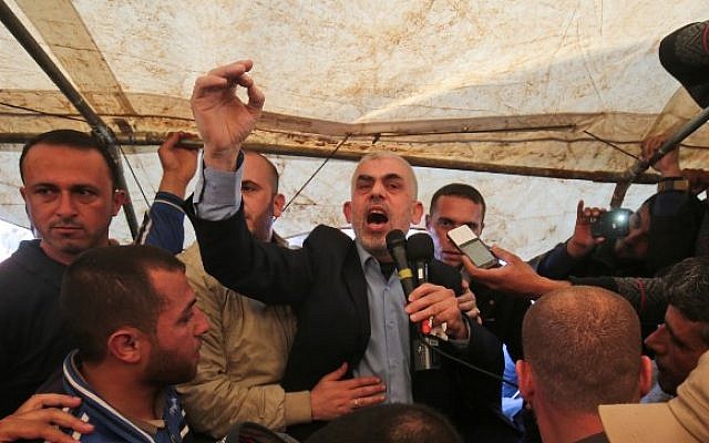 Yahya Sinwar, leader of Hamas in the Gaza Strip, speaks during a protest east of Khan Younis, in the southern Gaza Strip on April 6, 2018. (AFP/Said Khatib)