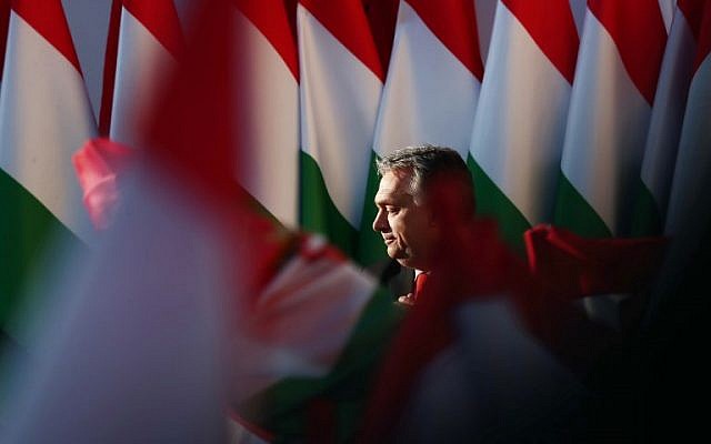 Hungarian Prime Minister Viktor Orban delivers his speech during the last campaign event of his Fidesz party in Szekesfehervar, Hungary on April 6, 2018 (AFP PHOTO / FERENC ISZA)