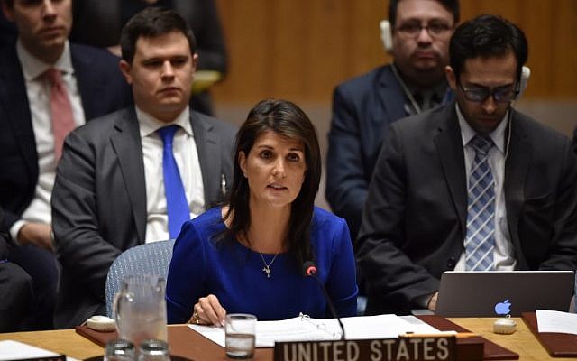 US Ambassador to the UN Nikki Haley speaks during UN Security Council meeting, at United Nations Headquarters in New York, on April 14, 2018. (AFP/ HECTOR RETAMAL)