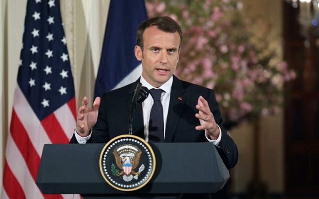 French President Emmanuel Macron holds a joint press conference with US President Donald Trump and at the White House in Washington, DC, on April 24, 2018. (AFP PHOTO / LUDOVIC MARIN)