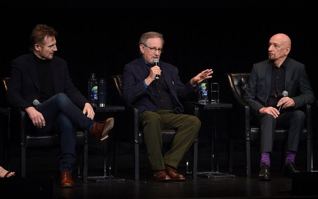 Liam Neeson, Steven Spielberg and Ben Kingsley speak onstage at the 'Schindler's List' cast reunion during the 2018 Tribeca Film Festival in New York City on April 26, 2018. (Jamie McCarthy/Getty Images for Tribeca Film Festival/AFP)